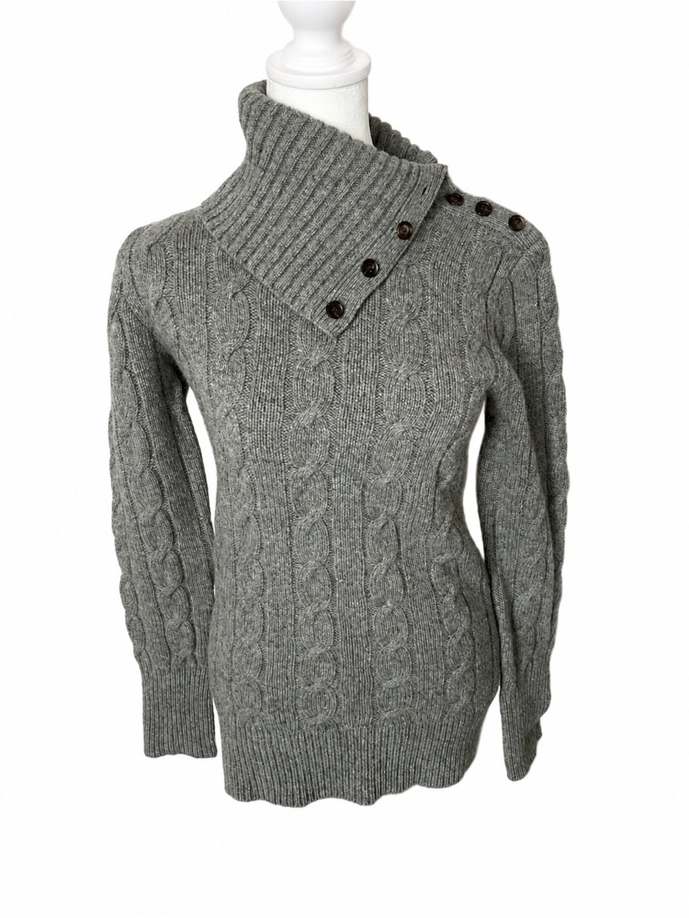 Ralph Lauren Sport Women’s Cable Knit Button Shoulder Turtleneck Sweater - Gray